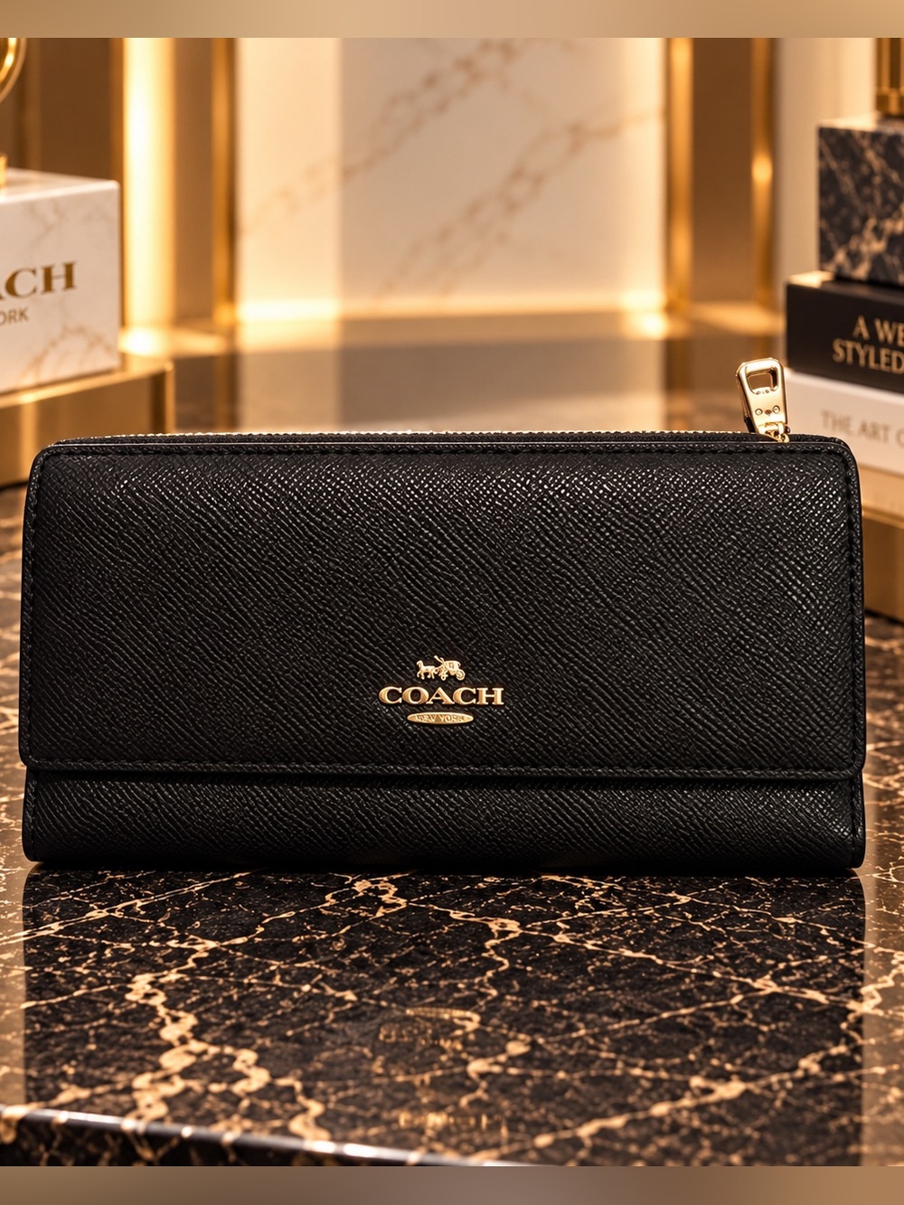 Coach Black Floral Print Trifold Wallet Leather Multi-Card